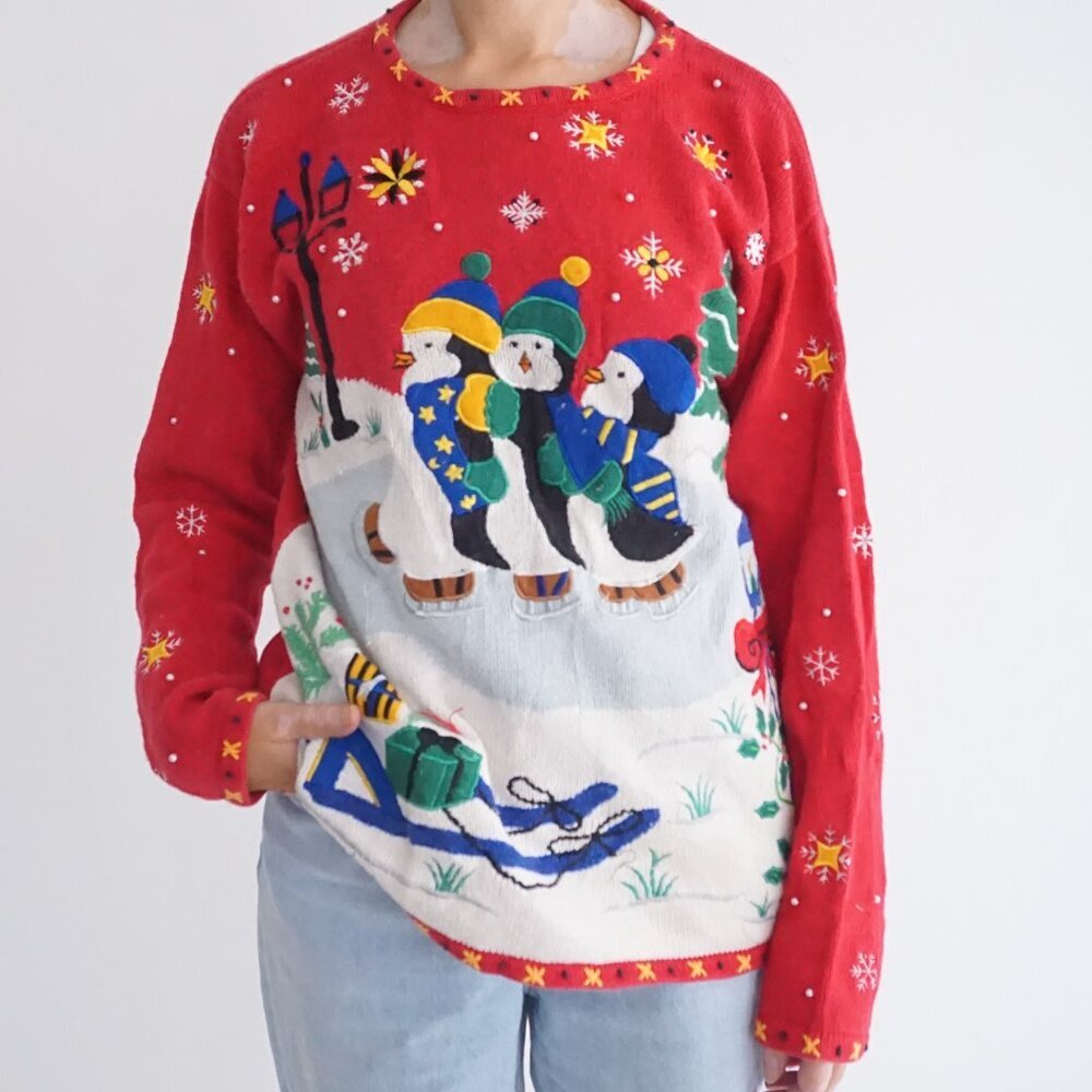 Vintage Designers Originals Red Knit Penguin Snowflake Star Beaded Sweater M